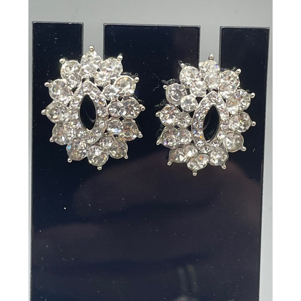 Vintage Silver Tone Clear Rhinestone Oval Floral Cluster Stud Earrings Statement